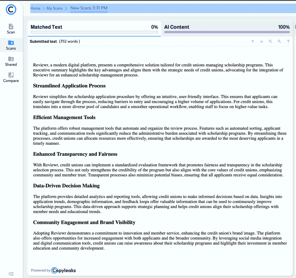 Example of how AI detection software can help flag scholarship applications that were aided by the use of AI tools such as ChatGPT.